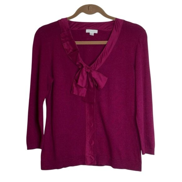 Garnet Hill Fuchsia Silk Blend Sweater Satin Bow Detail Medium Knit Old Money - Picture 1 of 13